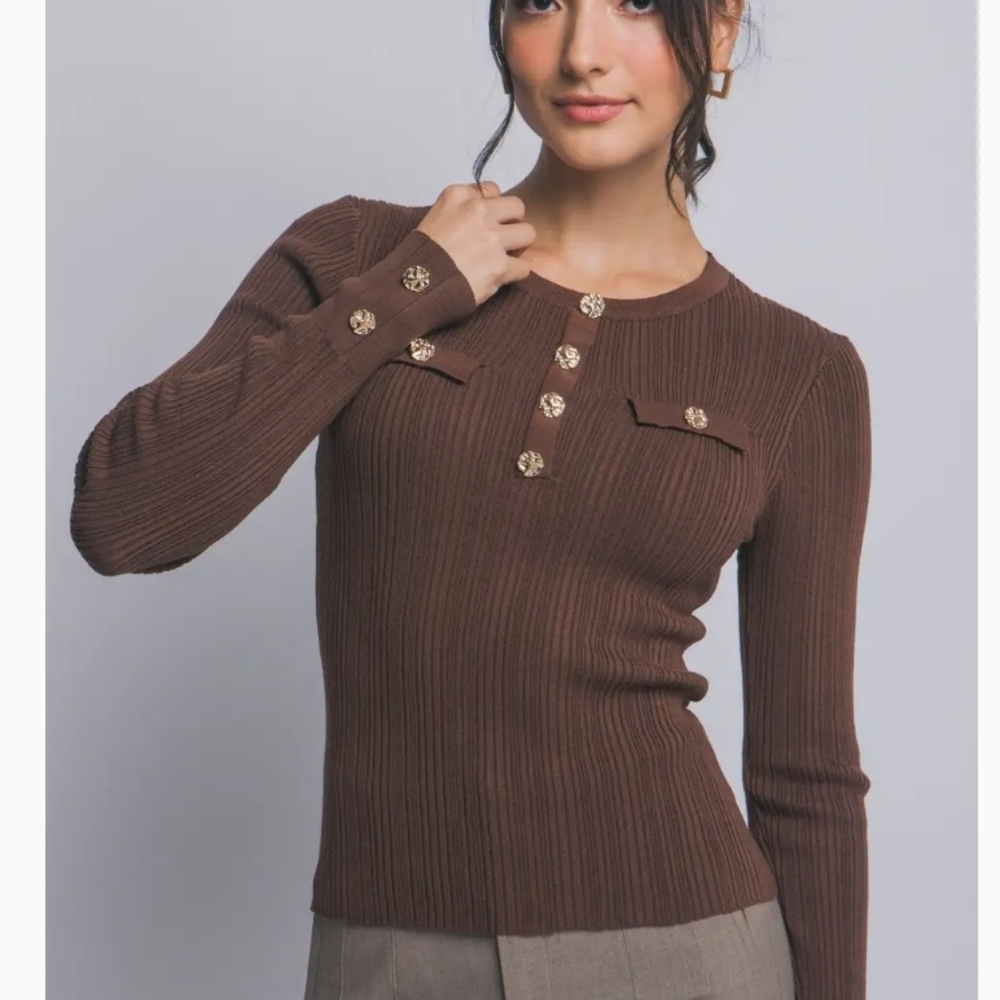 NWT Love Tree Brown Ribbed Sweater with Gold Buttons Large